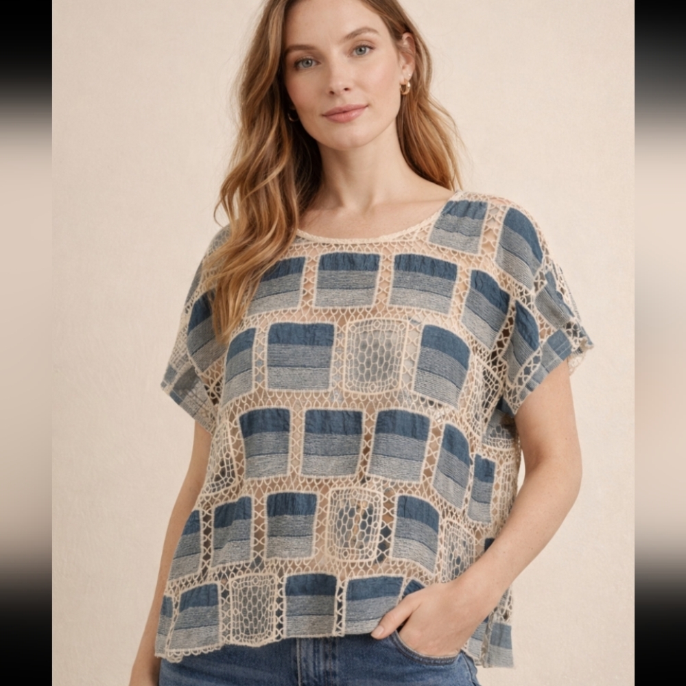 Boho Crochet-Trim Blue Patchwork Linen Blend Top
